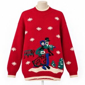 Vintage 90s Hand Knit Skating Ugly Sweater Size L Red Winter Chunky Christmas